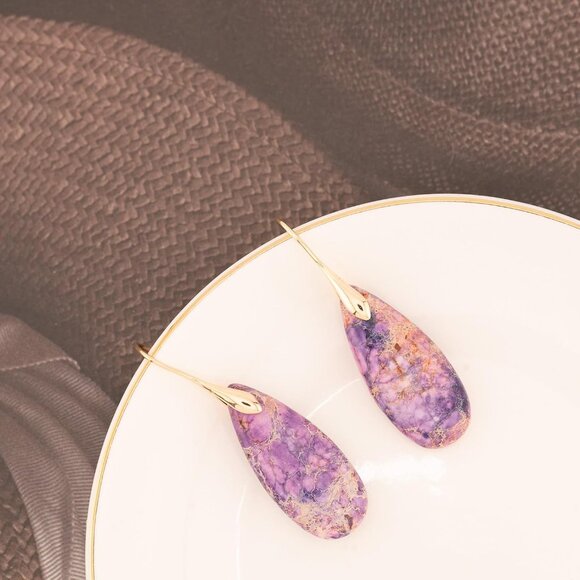 Light Purple-Golden Hook Stone Fishhoop Dangle Drop Statement Earring for Women - Picture 2 of 6